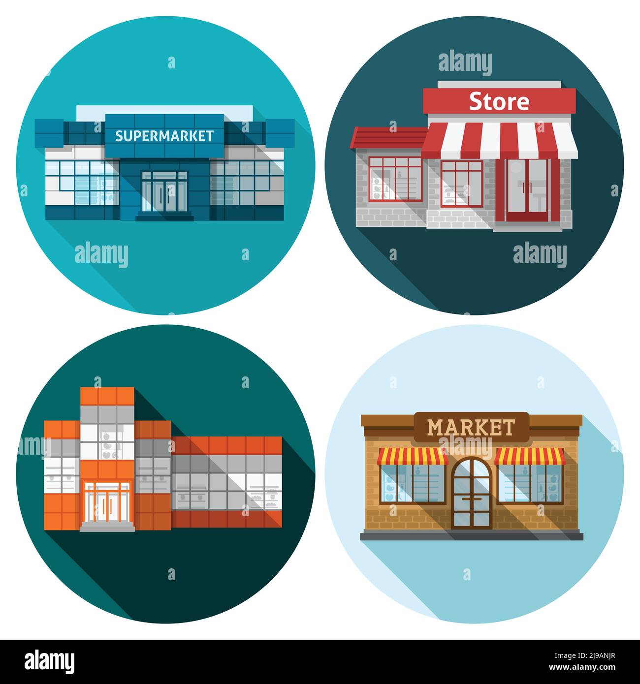 Negozio e supermarket building icone appartamento set vettore isolato illustrazione Illustrazione Vettoriale