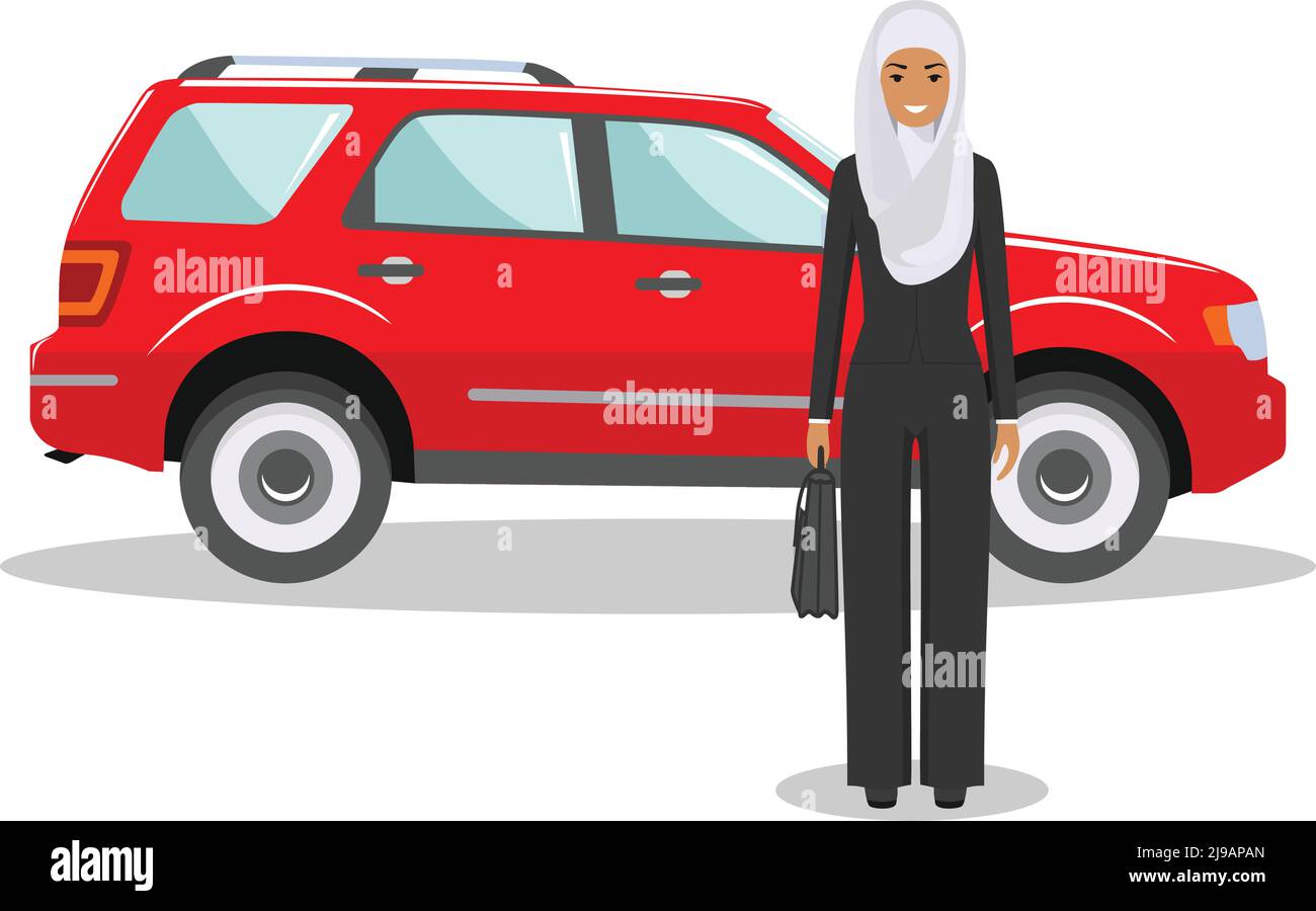 Illustrazione dettagliata dell'automobile e della donna d'affari arabo saudita su sfondo bianco in stile piatto. Illustrazione Vettoriale