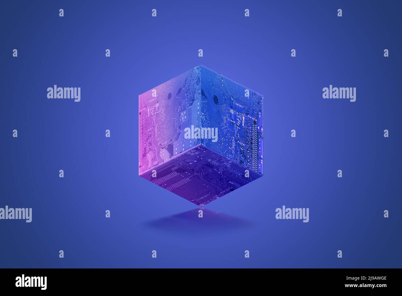Cubo o blocco Blockchain con texture della scheda elettronica su sfondo blu-viola Foto Stock