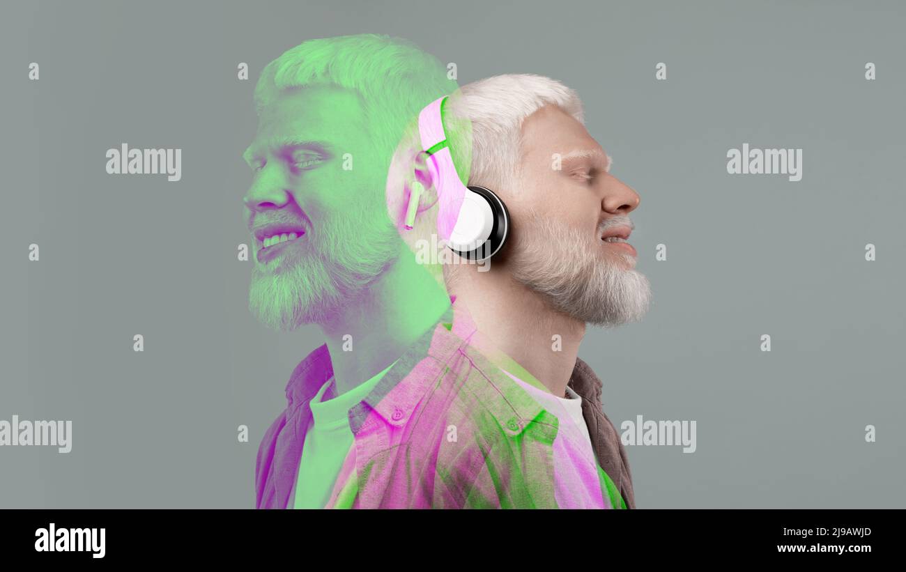 Tizio albino tranquillo su sfondo grigio, doppia esposizione, collage Foto Stock