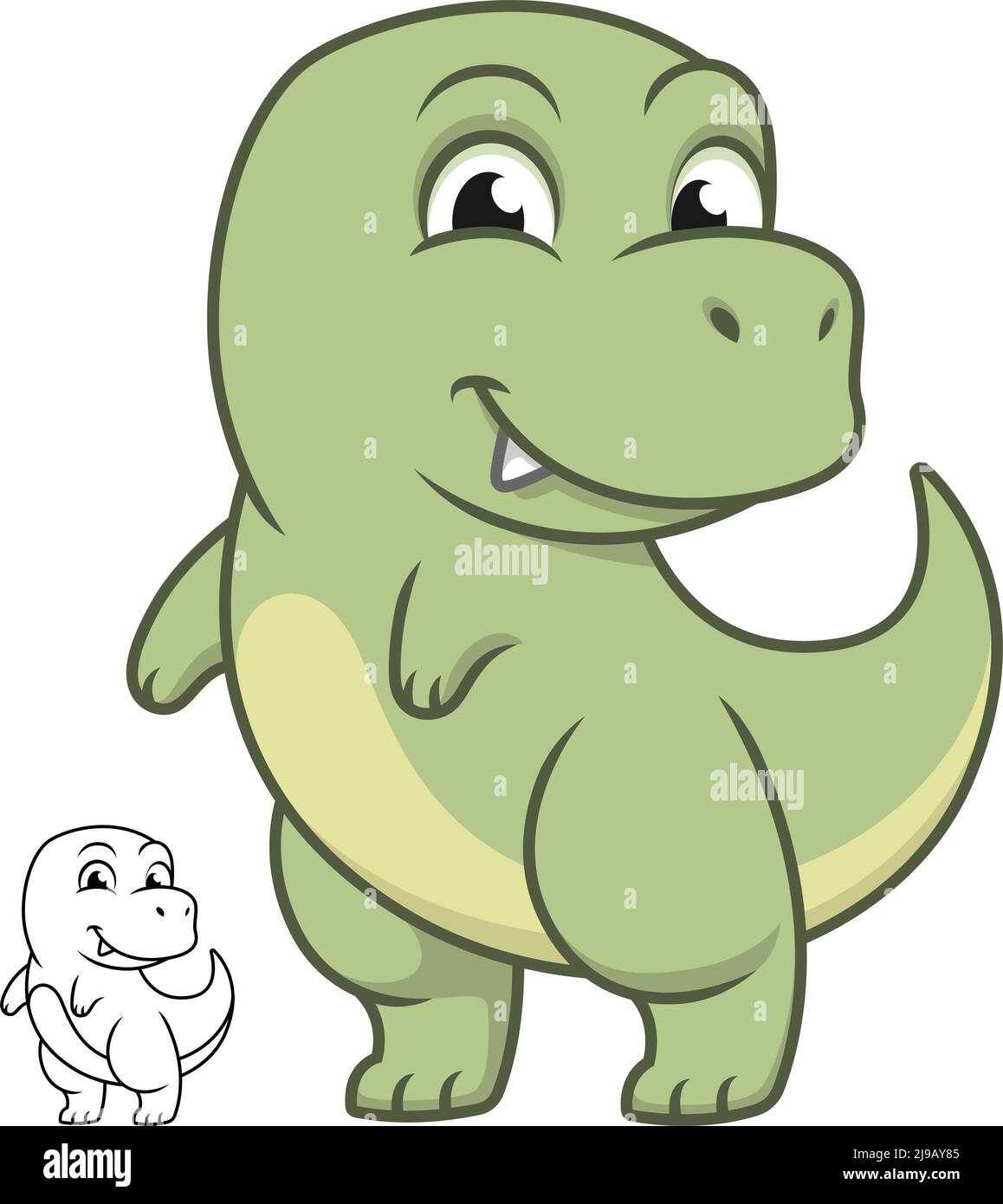 Cute Happy Baby Tyrannosaur Trex in piedi con linea bianca e nera disegno d'arte, Dinosaur, disegno vettoriale del personaggio, profilo Cartoon Mascot Logo Illustrazione Vettoriale