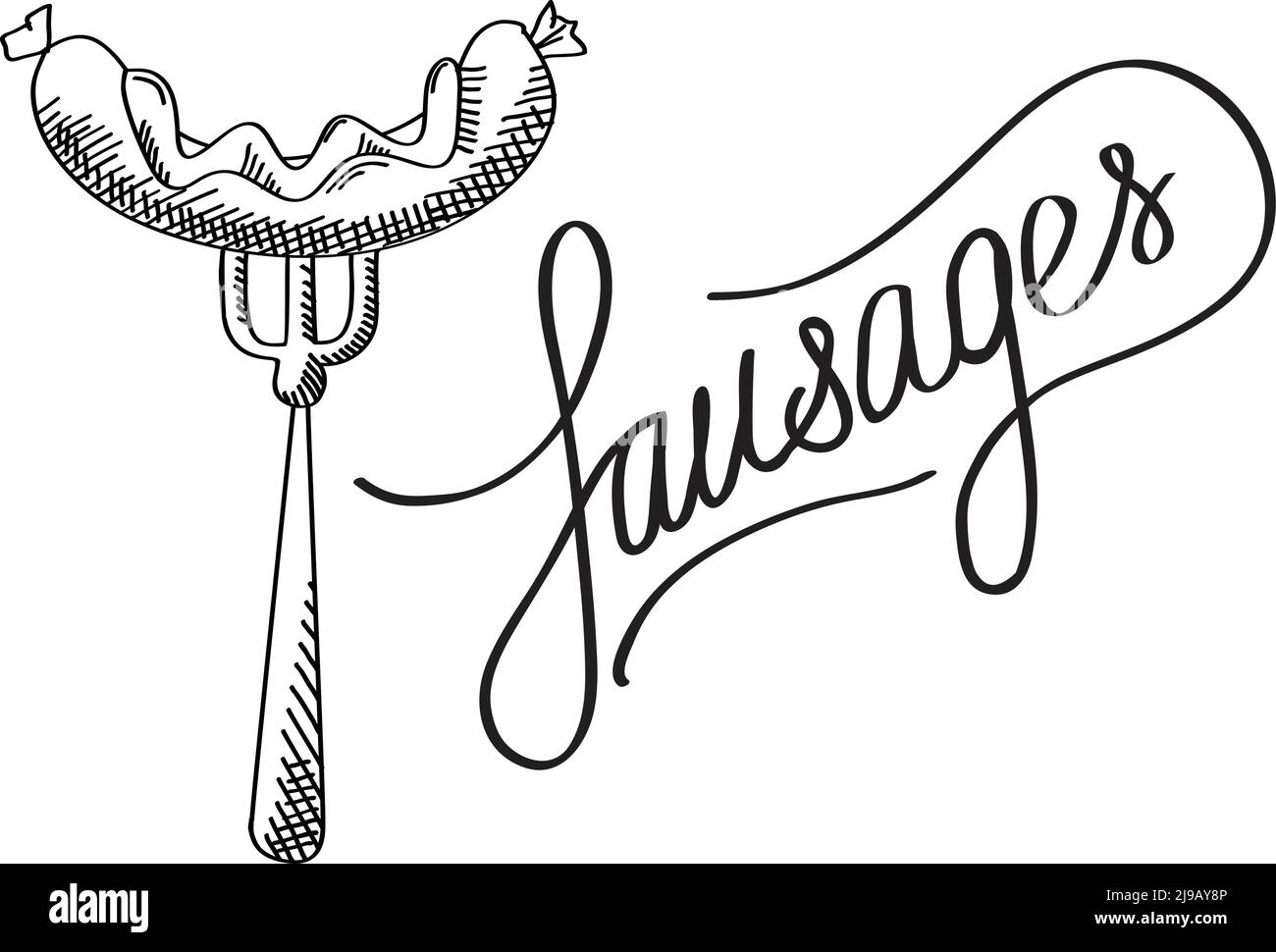 Barbecue tipografico concetto Time design con calligrafia elegante iscrizione salsicce e salsiccia su forcella isolato vettore illustrazione Illustrazione Vettoriale