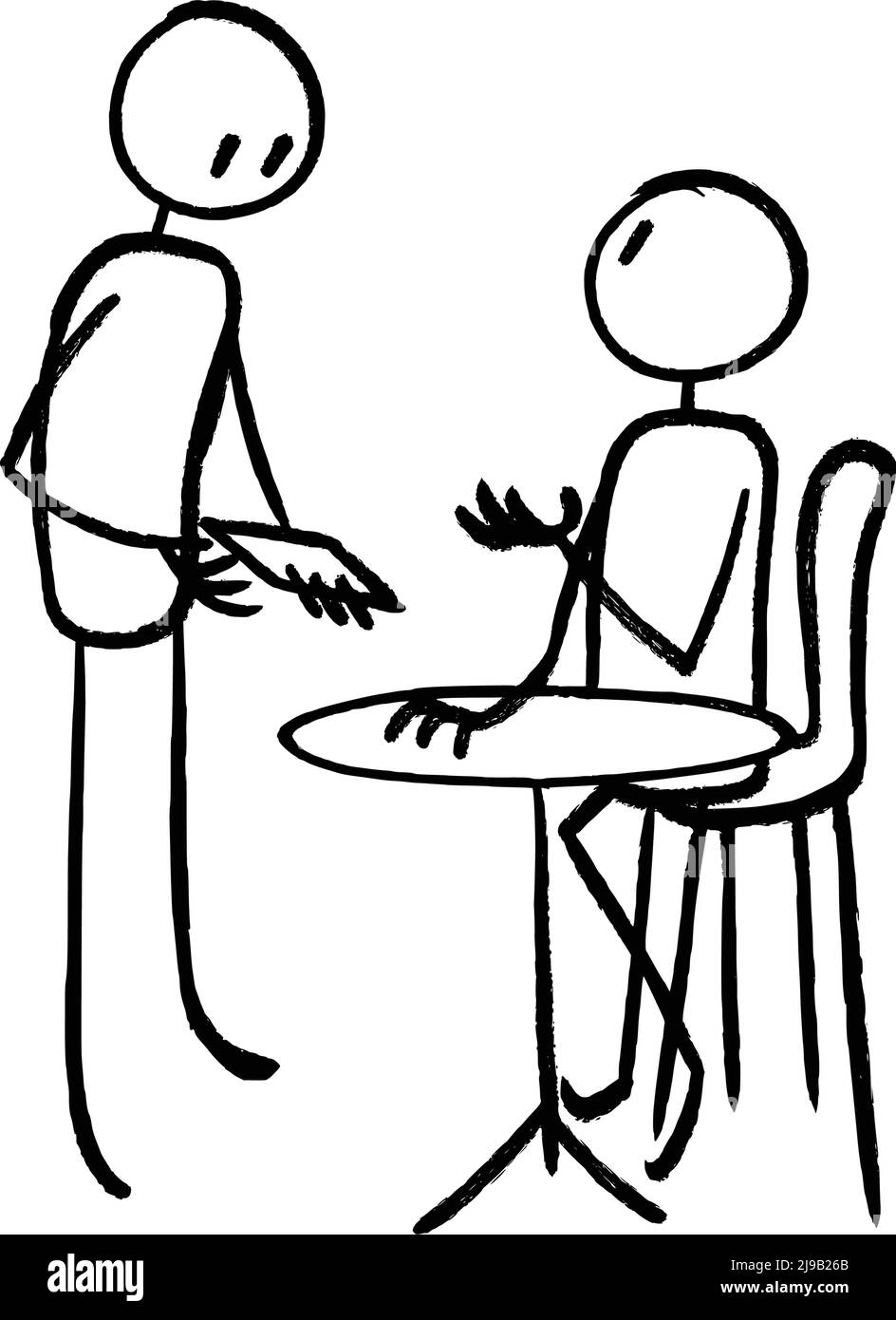 Cameriere che mostra il menu per ospite umano Stick Figura murale disegnato a mano, attività caffè, illustrazione personaggio vettoriale, contorno cartoon Mascot Logo Illustrazione Vettoriale