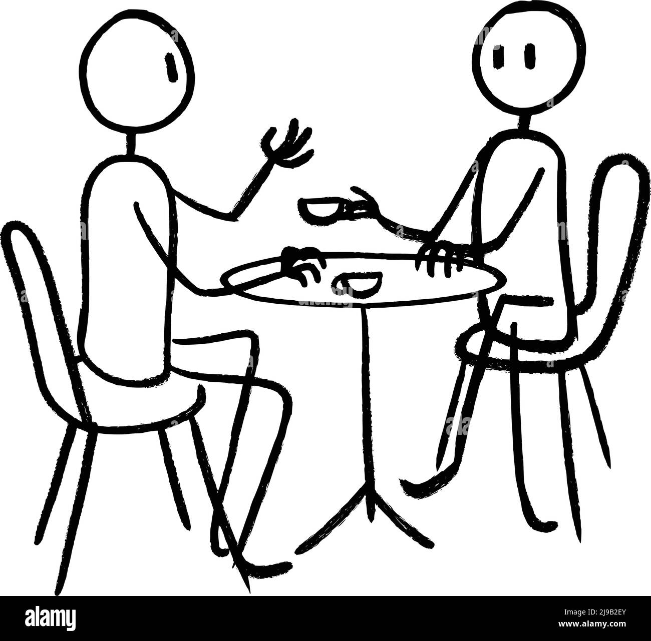 Persone Sit and Chat umano bastone Figura murale disegnato a mano, attività caffè, illustrazione personaggio vettoriale, profilo Cartoon Mascot logo in isolato bianco Illustrazione Vettoriale