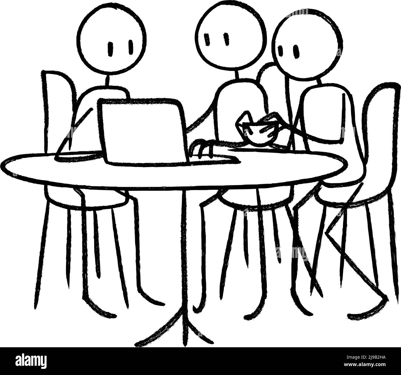 Gli studenti che utilizzano computer portatili insieme imparano la figura di un bastone umano Murale disegnata a mano, attività di un caffè, illustrazione di un personaggio vettoriale, delineare Cartoon Illustrazione Vettoriale