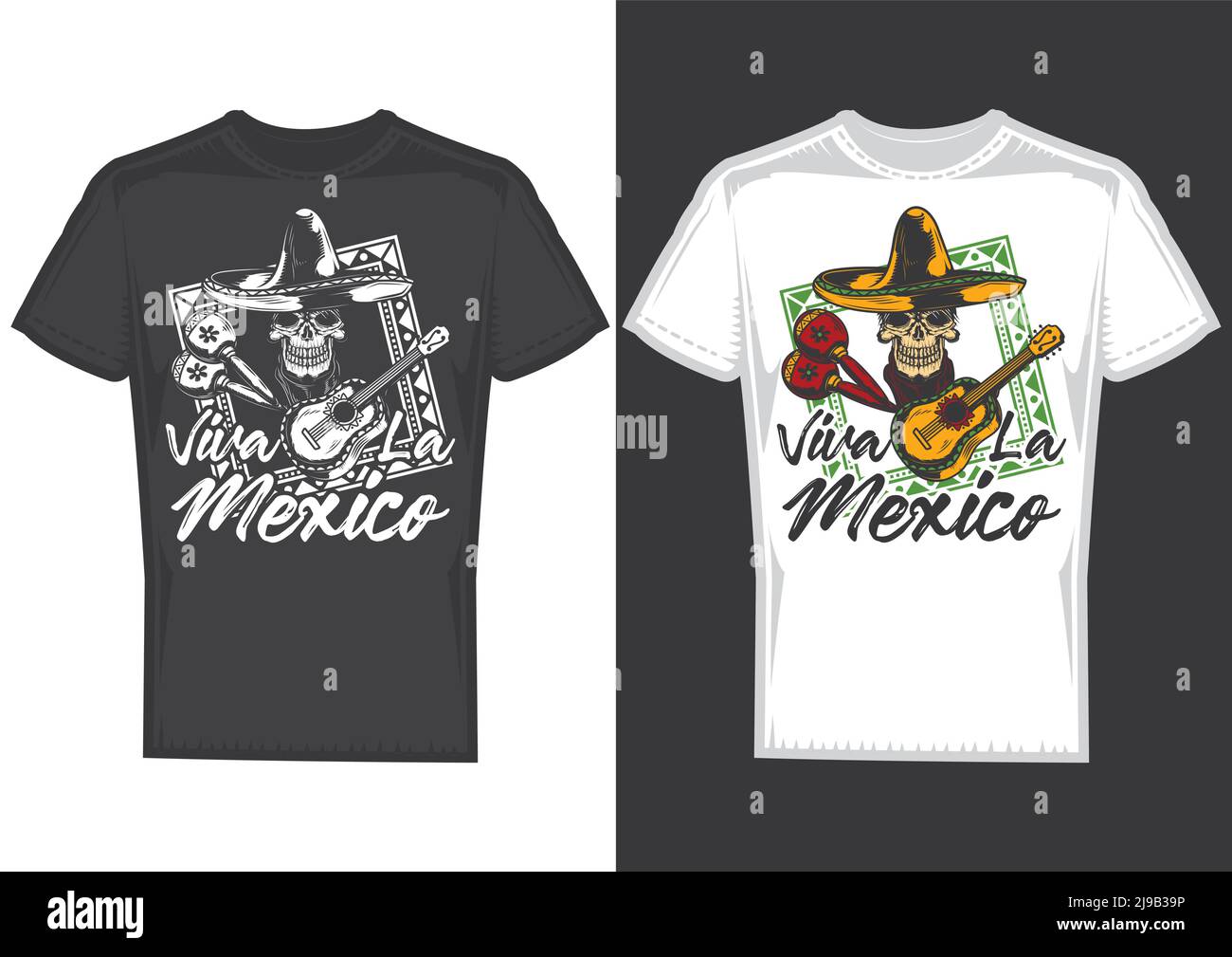 Esempi di design di T-shirt con illustrazione di un cranio con cappello messicano e una chitarra. Illustrazione Vettoriale