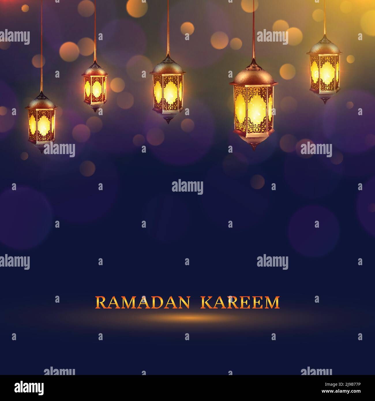 Le luci Ramadan poster diverse lampade incandescenti appese al soffitto Su sfondo blu scuro e titolo Ramadan Kareem vettore illustrazione Illustrazione Vettoriale