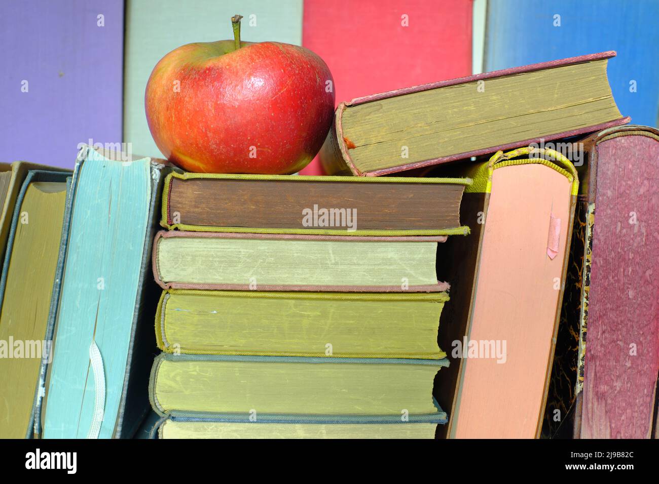 Fila di libri con una mela, ritorno a scuola, istruzione, conoscenza e lettura concetto. Foto Stock