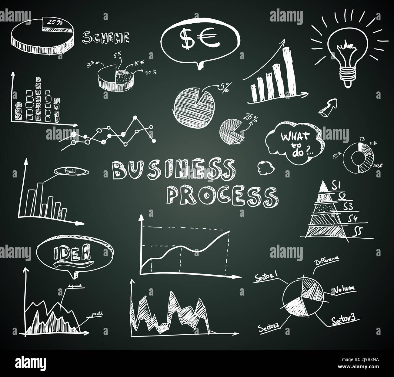 Doodle diagrammi di affari impostati su Blackboard vettore illustrazione Illustrazione Vettoriale
