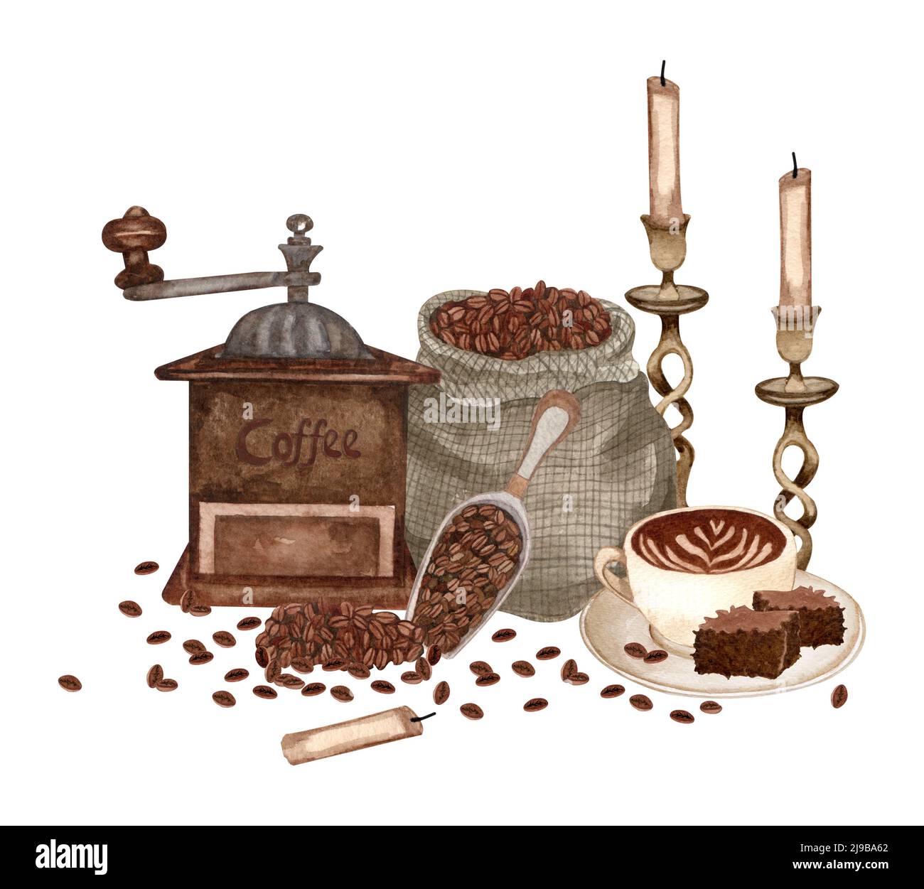 Caffè acquerello. Caffè in grani, macchina per il caffè d'epoca, teiera. Composizione del caffè disegnata a mano. Estetica della colazione. schede, logo, menu, design. Foto Stock