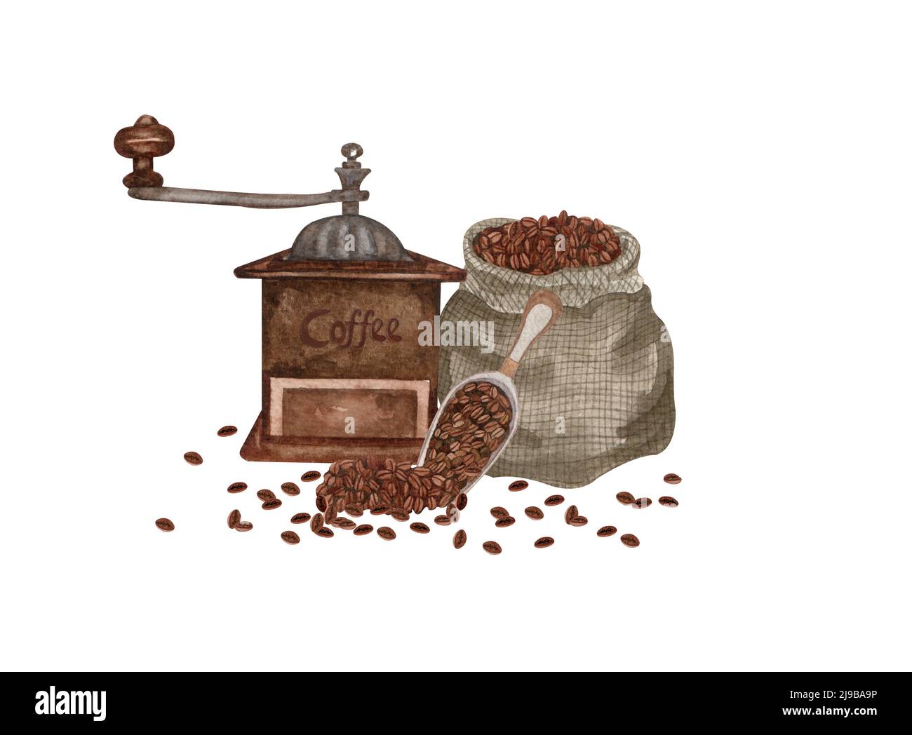 Caffè acquerello. Caffè in grani, macchina per il caffè d'epoca. Composizione del caffè disegnata a mano. Estetica della colazione. schede, logo, menu, design. Foto Stock