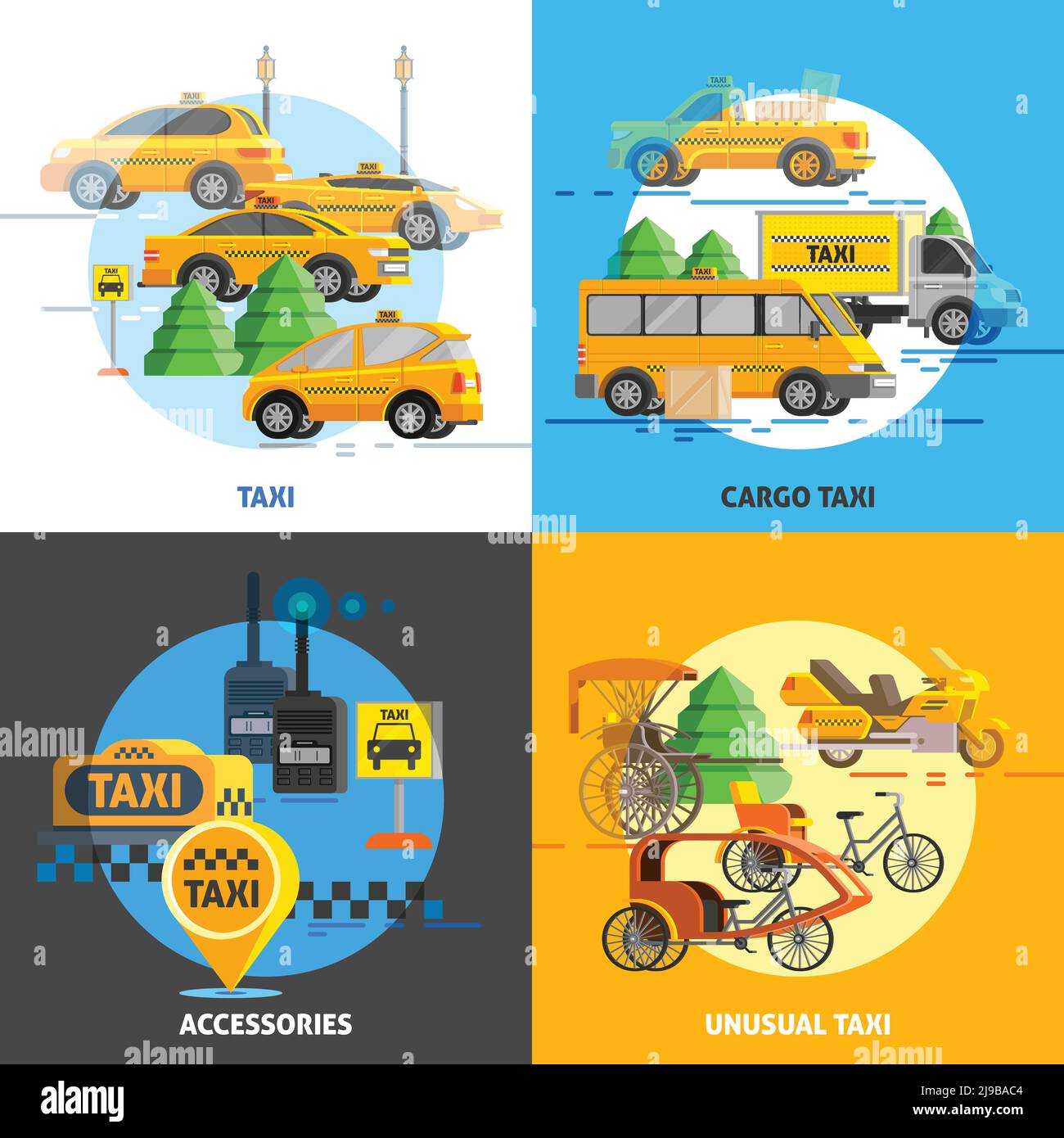 Concetto di servizio taxi con diversi tipi di trasporto e supporto in un'illustrazione vettoriale di stile piatto Illustrazione Vettoriale