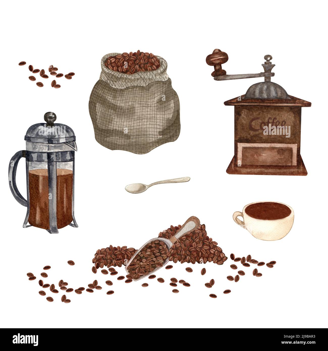 Set da caffè acquerello. Chicchi di caffè, macchina per caffè d'epoca, candela, cannella. Caffè estratto a mano. Estetica della colazione, carte, logo, menu, desig Foto Stock