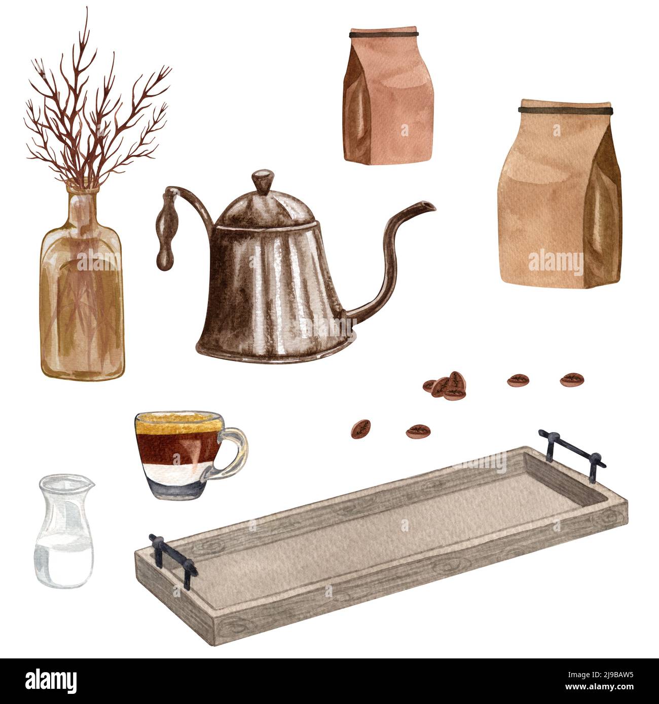 Set da caffè acquerello. Chicchi di caffè, macchina per caffè d'epoca, candela, cannella. Caffè estratto a mano. Estetica della colazione, carte, logo, menu, desig Foto Stock