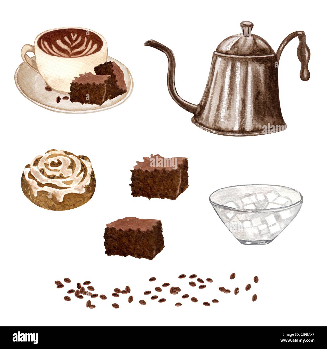 Set da caffè acquerello. Chicchi di caffè, macchina per caffè d'epoca, candela, cannella. Caffè estratto a mano. Estetica della colazione, carte, logo, menu, desig Foto Stock