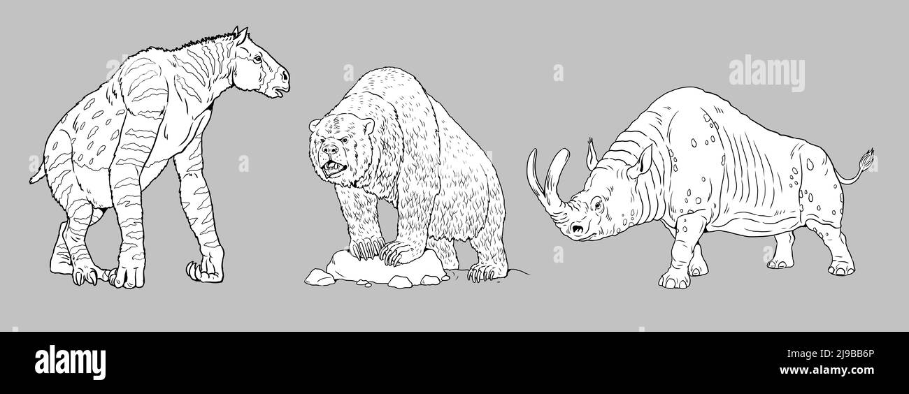 Animali preistorici - Calicotherium, orso grotta e Megacerops. Disegno con animali estinti. Modello per libro da colorare. Foto Stock