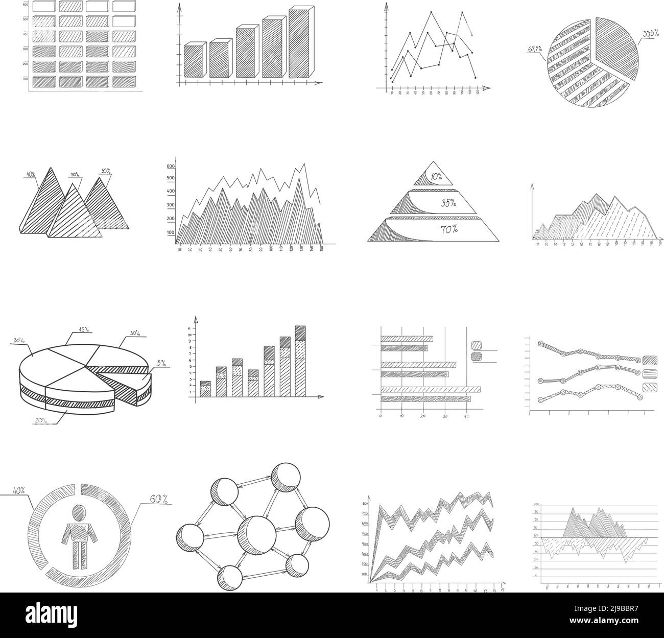Diagrammi di schizzo grafici ed elementi infografici impostano illustrazioni vettoriali isolate Illustrazione Vettoriale