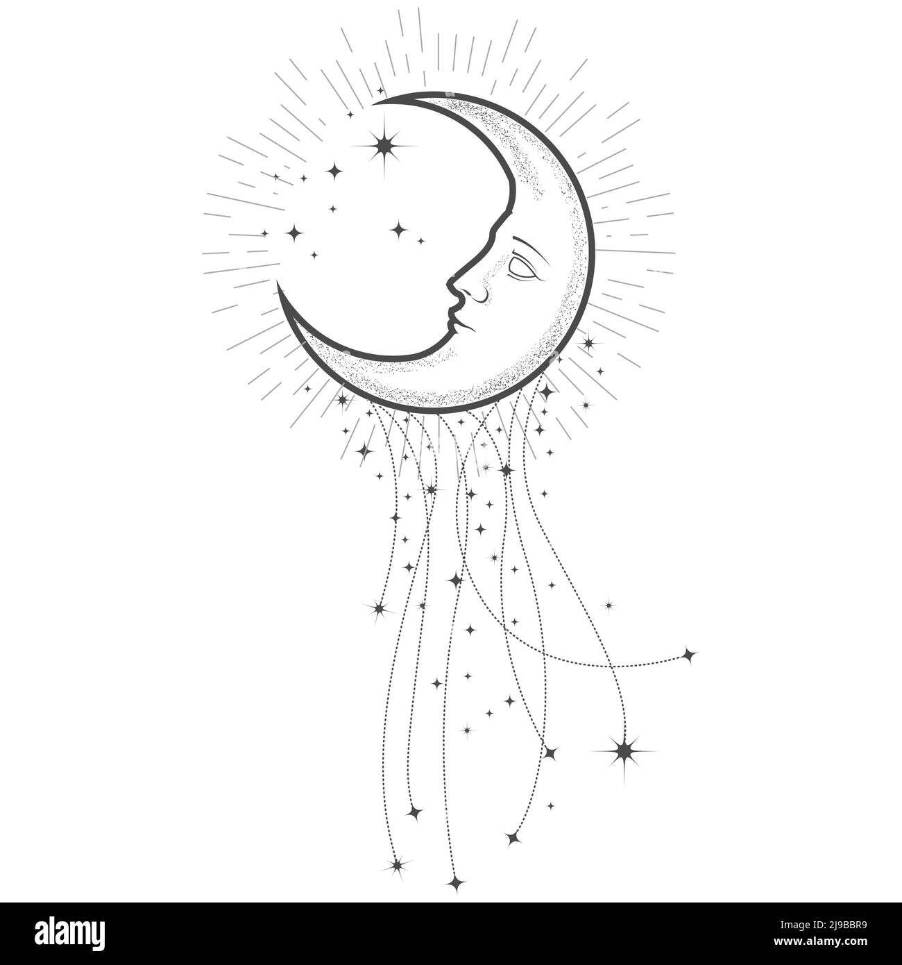 Mezzaluna con volto e coda stellata, luna magica con traccia stellare, astrologia e stregoneria a tarocchi, segno esoterico e zodiacale, vettore Illustrazione Vettoriale