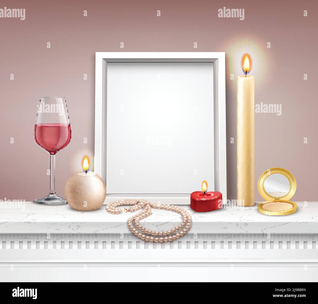 Realistico mockup cornice con candele a specchio collana e vetro di illustrazione del vettore del vino Illustrazione Vettoriale