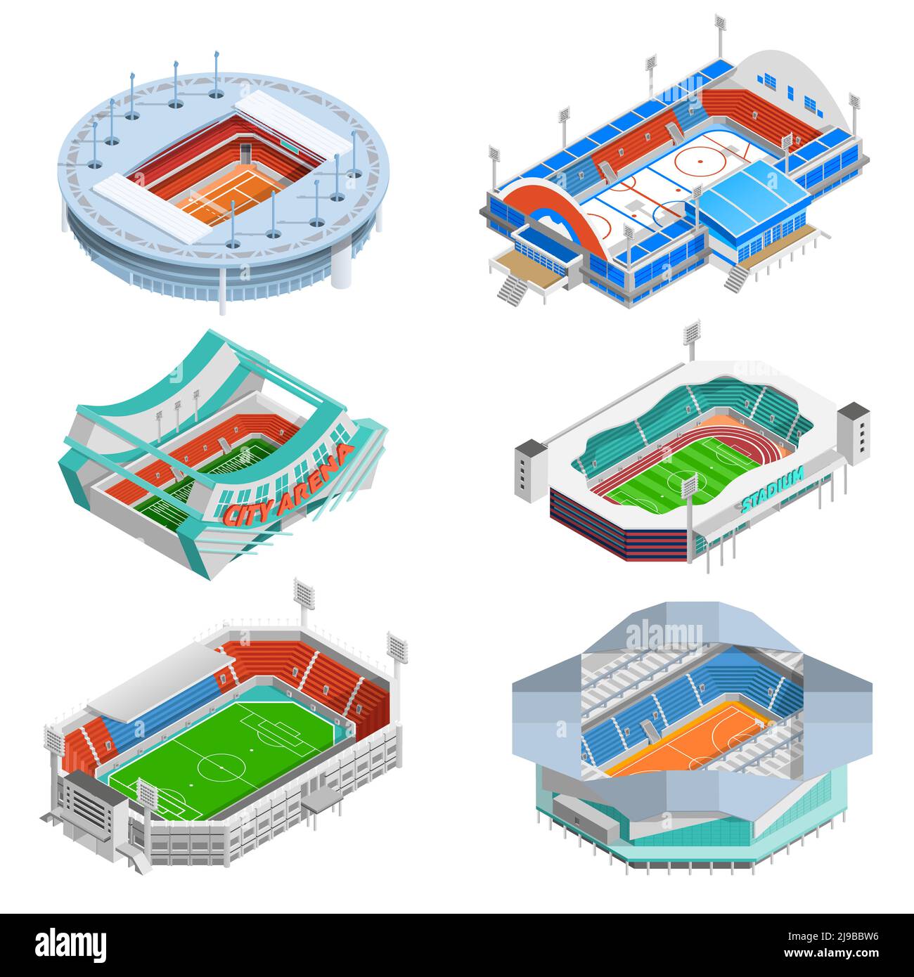 Icone isometriche dello stadio sportivo con stadi di calcio e hockey illustrazione vettoriale isolata Illustrazione Vettoriale