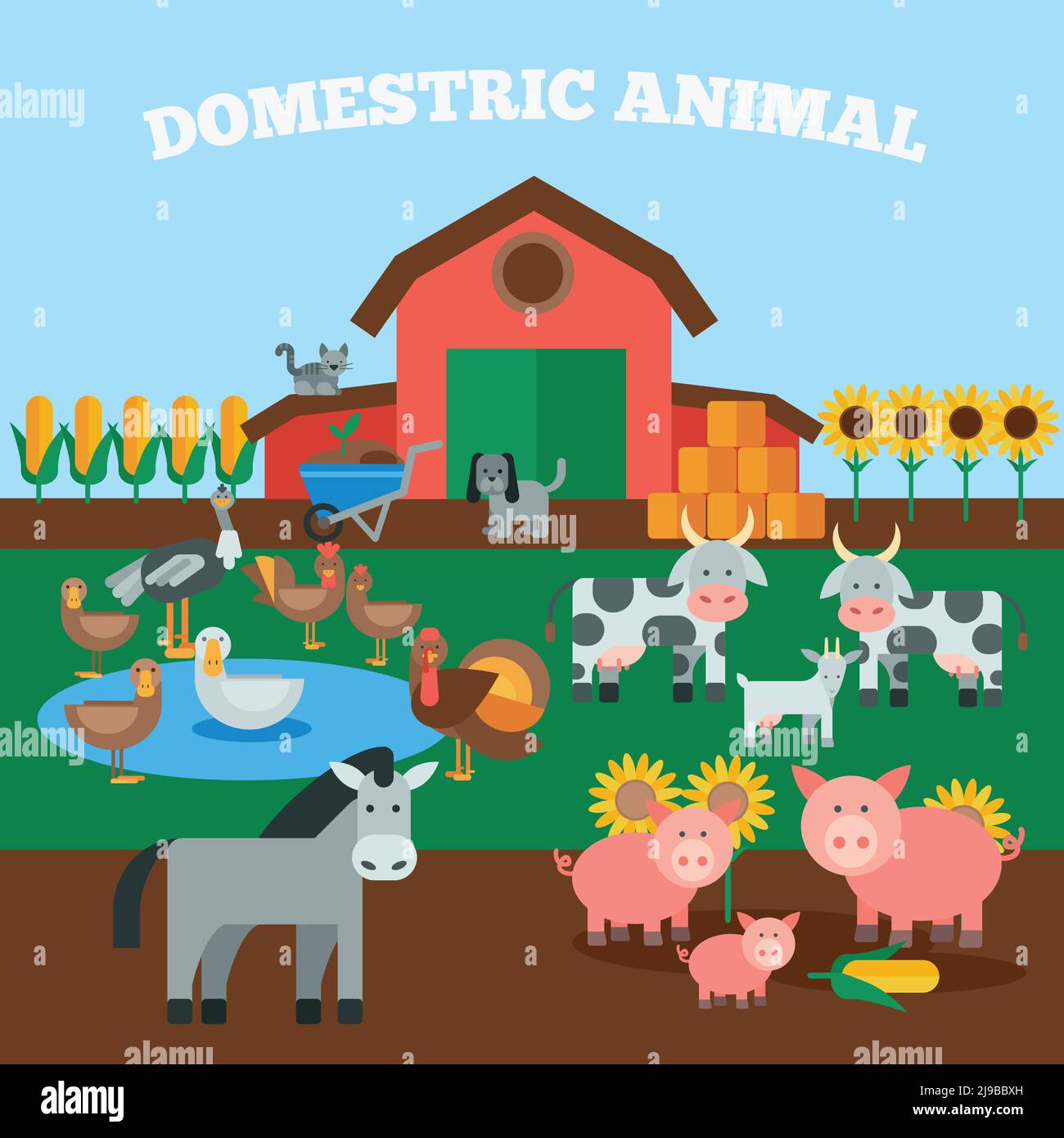 Concetto di allevamento con animali domestici piatti icone set vettore illustrazione Illustrazione Vettoriale