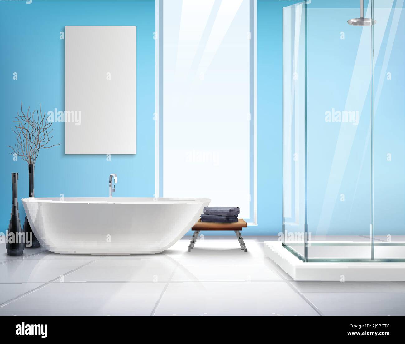 Bagno moderno e luminoso con interni dal design realistico e doccia bianca decorazioni della cabina e illustrazione vettoriale degli accessori Illustrazione Vettoriale