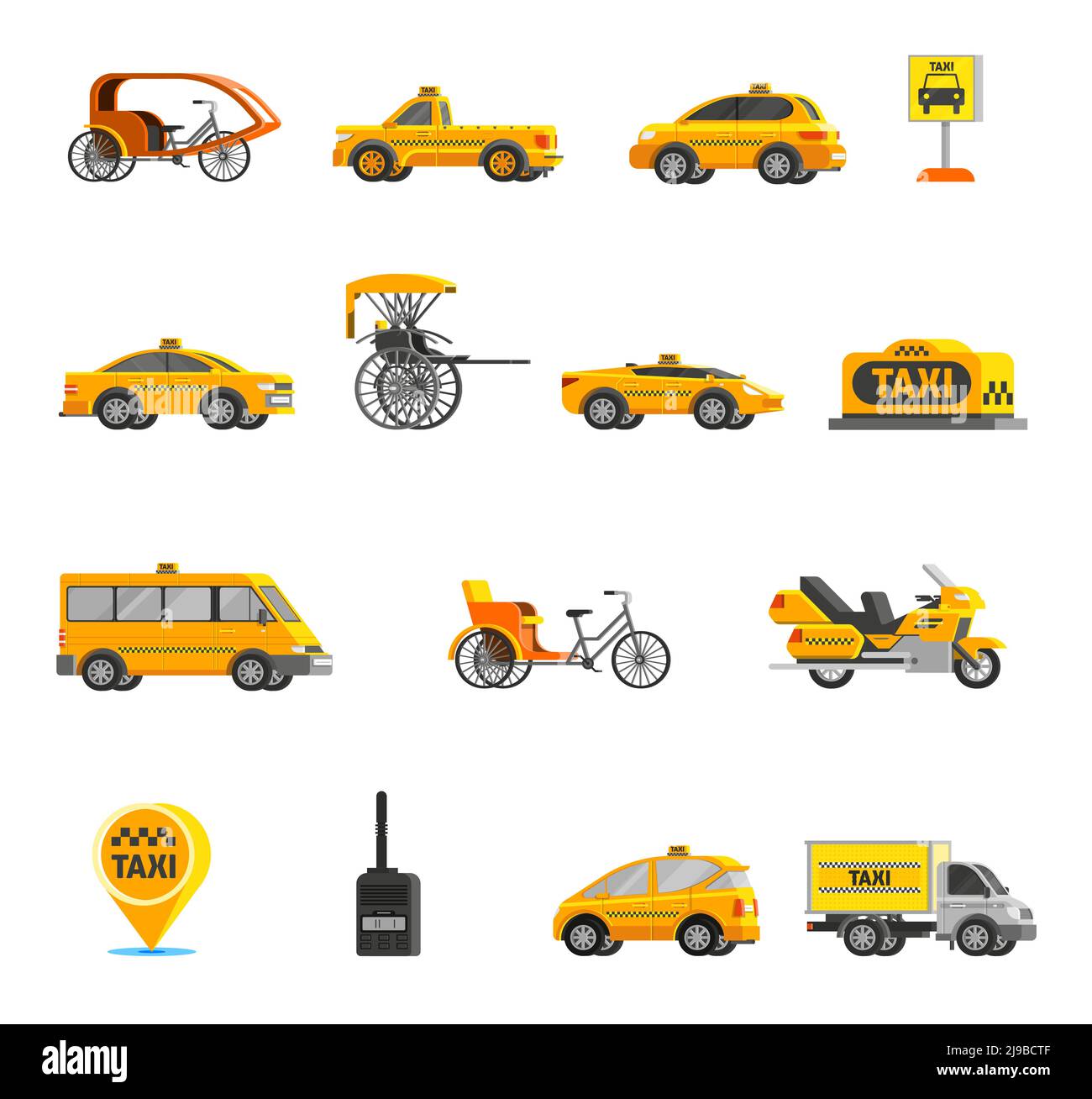 Set di icone di taxi di diversi tipi di veicoli e auto in un'illustrazione vettoriale isolata in stile piatto Illustrazione Vettoriale