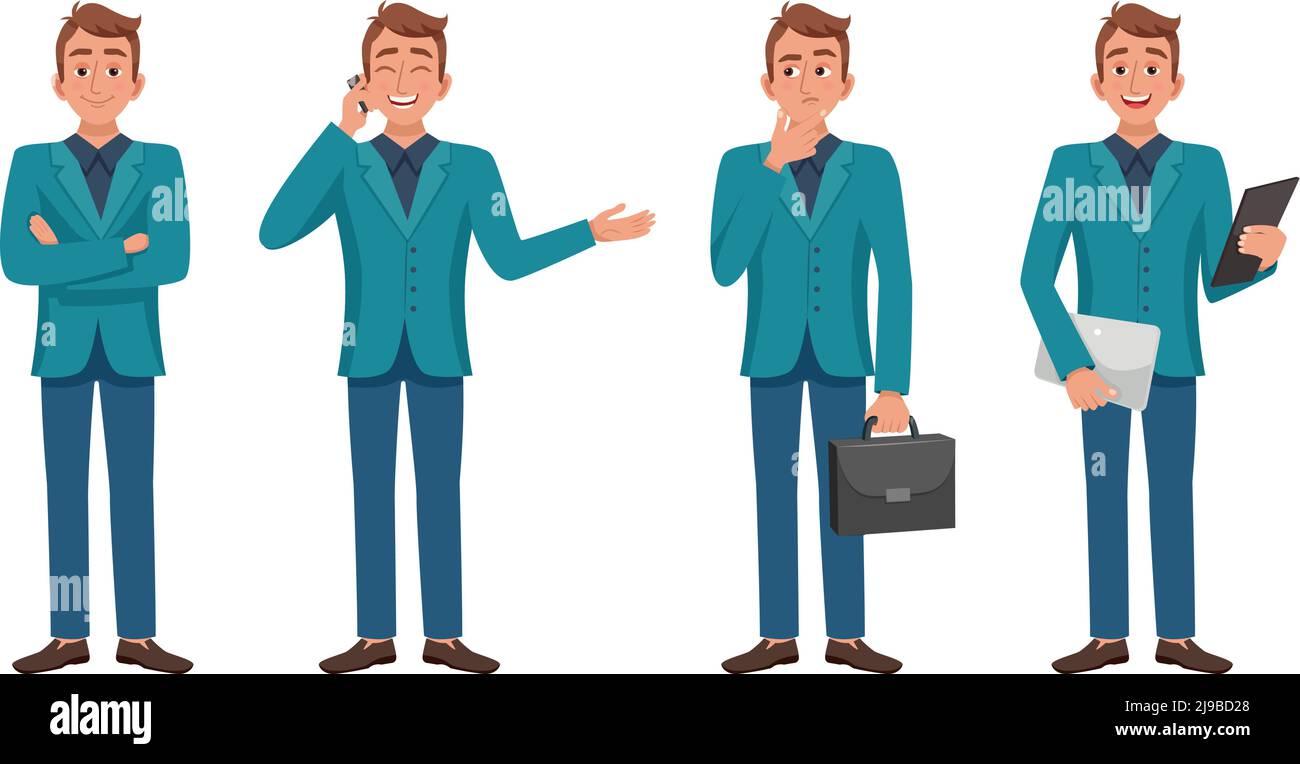 Insieme di immagini isolate di carattere uomo stile cartone animato pieno lunghezza in varie pose moda vestita illustrazione vettoriale Illustrazione Vettoriale