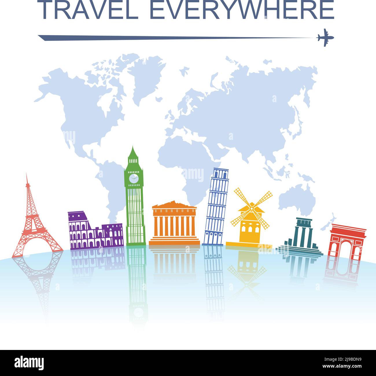 Agenzia di viaggi spettacolare giro turistico in tutto il mondo punto di riferimento tour poster con torre italiana di pisa illustrazione vettoriale astratta Illustrazione Vettoriale
