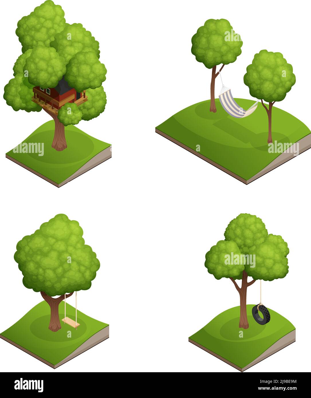 Set di basculanti per alberi da cantiere con quattro immagini isolate di cinghie illustrazione vettoriale di pneumatici per auto con sega a tazza Illustrazione Vettoriale
