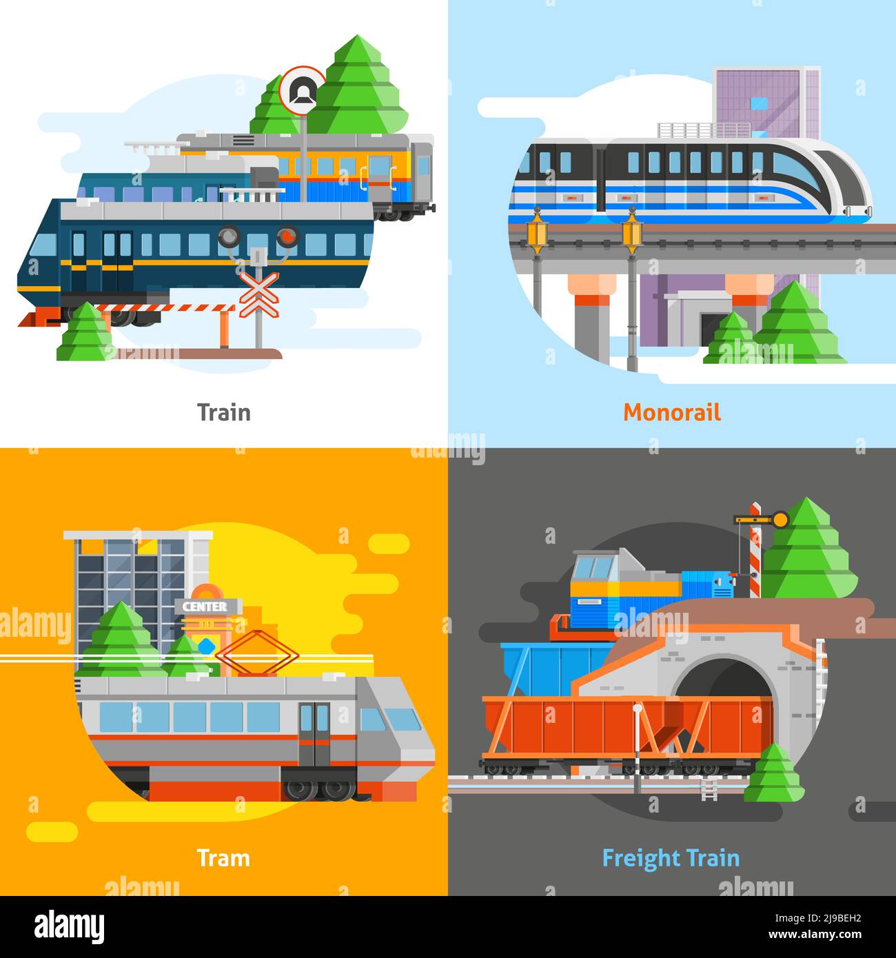 Trasporto ferroviario 2x2 insieme di concetto di progettazione di passeggeri e merci treni monorotaia e composizioni di tram illustrazione vettoriale piatta Illustrazione Vettoriale