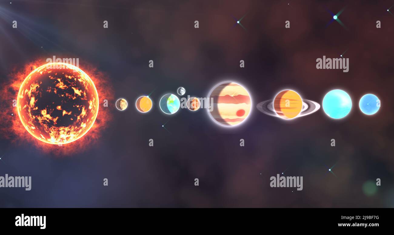 Sistema solare con sole e pianeti in fila Foto Stock