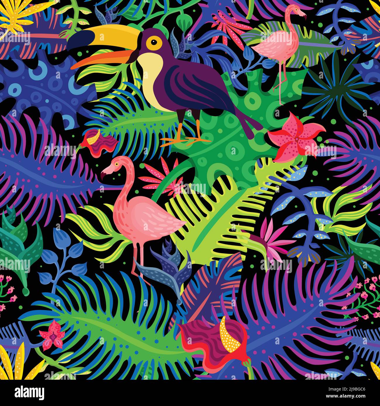 Paradiso tropicale esotico colorato motivo senza giunture con uccelli toucan fenicottero e un'illustrazione vettoriale di fogliame verde viola brillante Illustrazione Vettoriale