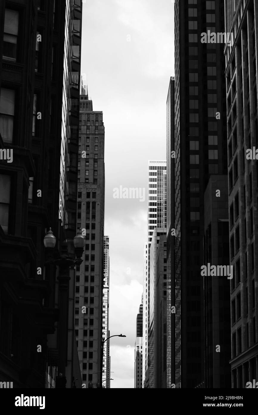 Un alto grattacielo nel centro di Chicago con molte finestre in bianco e nero. Foto Stock