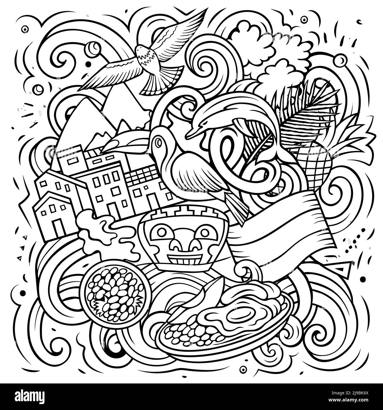 Colombia disegno a mano cartoon doodles illustrazione. Divertente disegno di viaggio colombiano. Sfondo vettoriale creativo. Elementi e oggetti del paese dell'America Latina Illustrazione Vettoriale