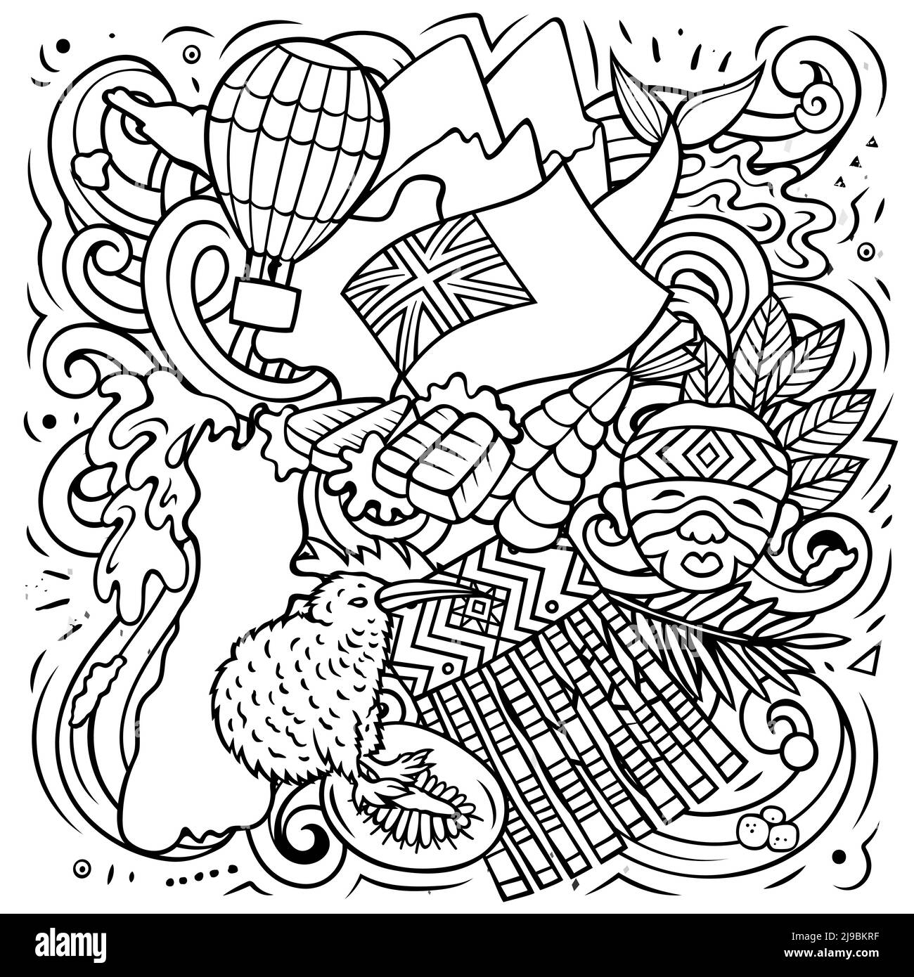 Nuova Zelanda disegno a mano cartoon doodle illustrazione. Divertente design locale. Illustrazione Vettoriale