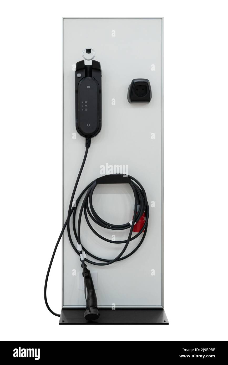 Stazione di ricarica per veicoli elettrici isolati su sfondo bianco Foto Stock
