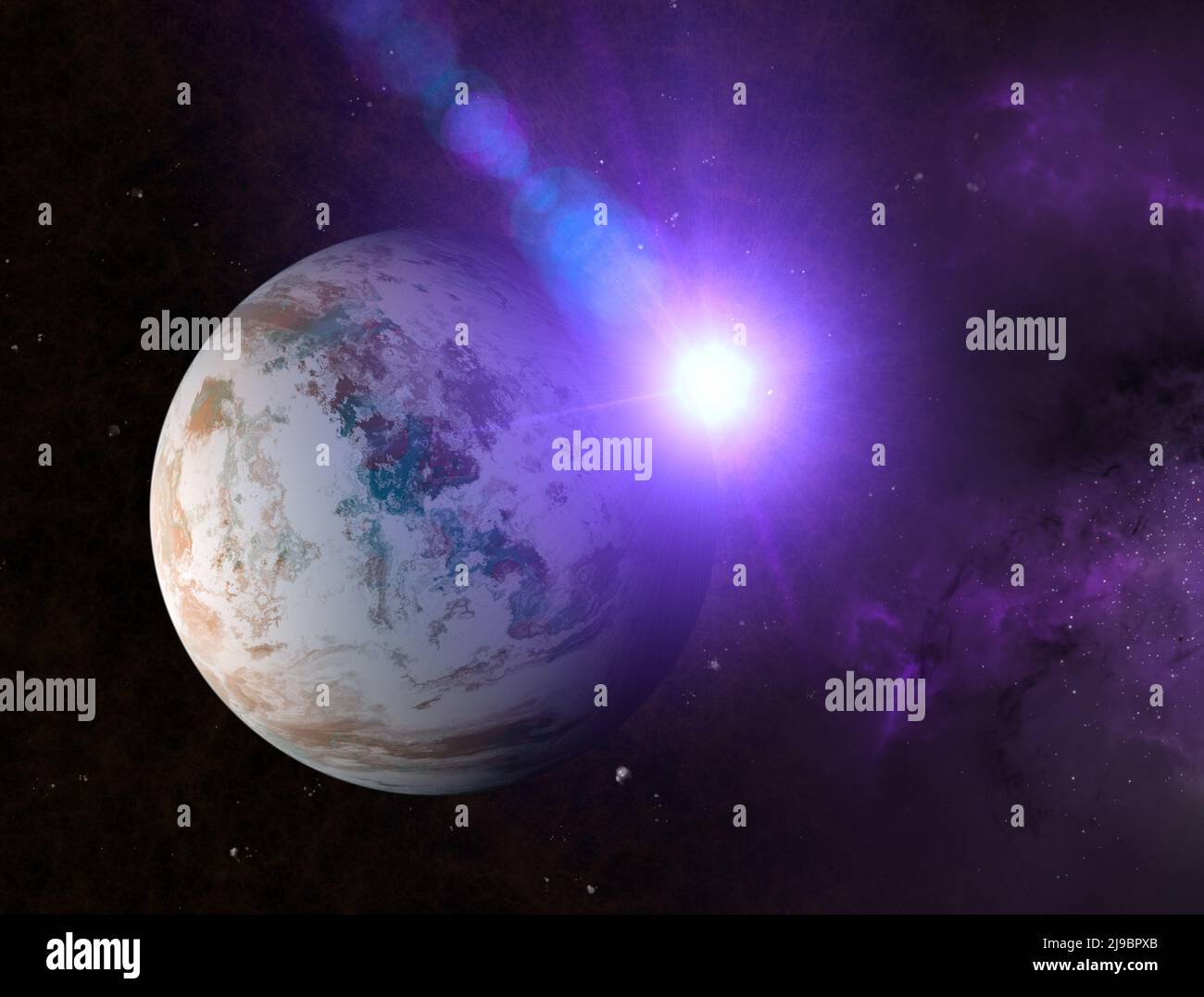 Esplorazione di nuovi mondi, spazio e universo, nuove galassie. Pianeti in retroilluminazione. Exopianeti. Sistemi solari. 3d rendering Foto Stock