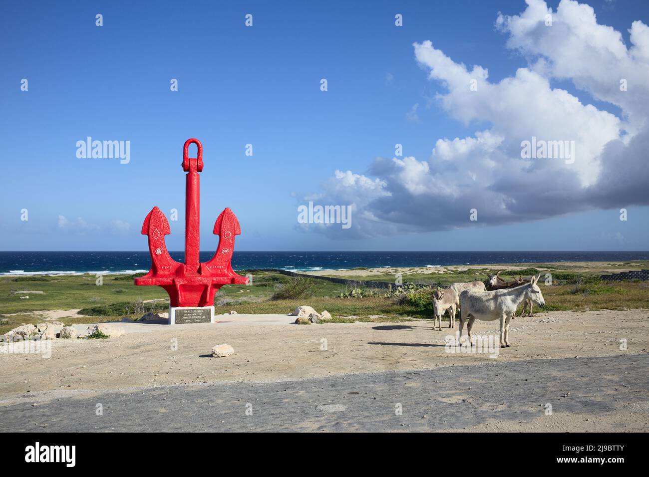 SAN NICOLAS, ARUBA - 17 DICEMBRE 2020: L'ancora rossa storico punto di riferimento in memoria di tutti i marinai persi in mare e alcuni asini ad Aruba Foto Stock