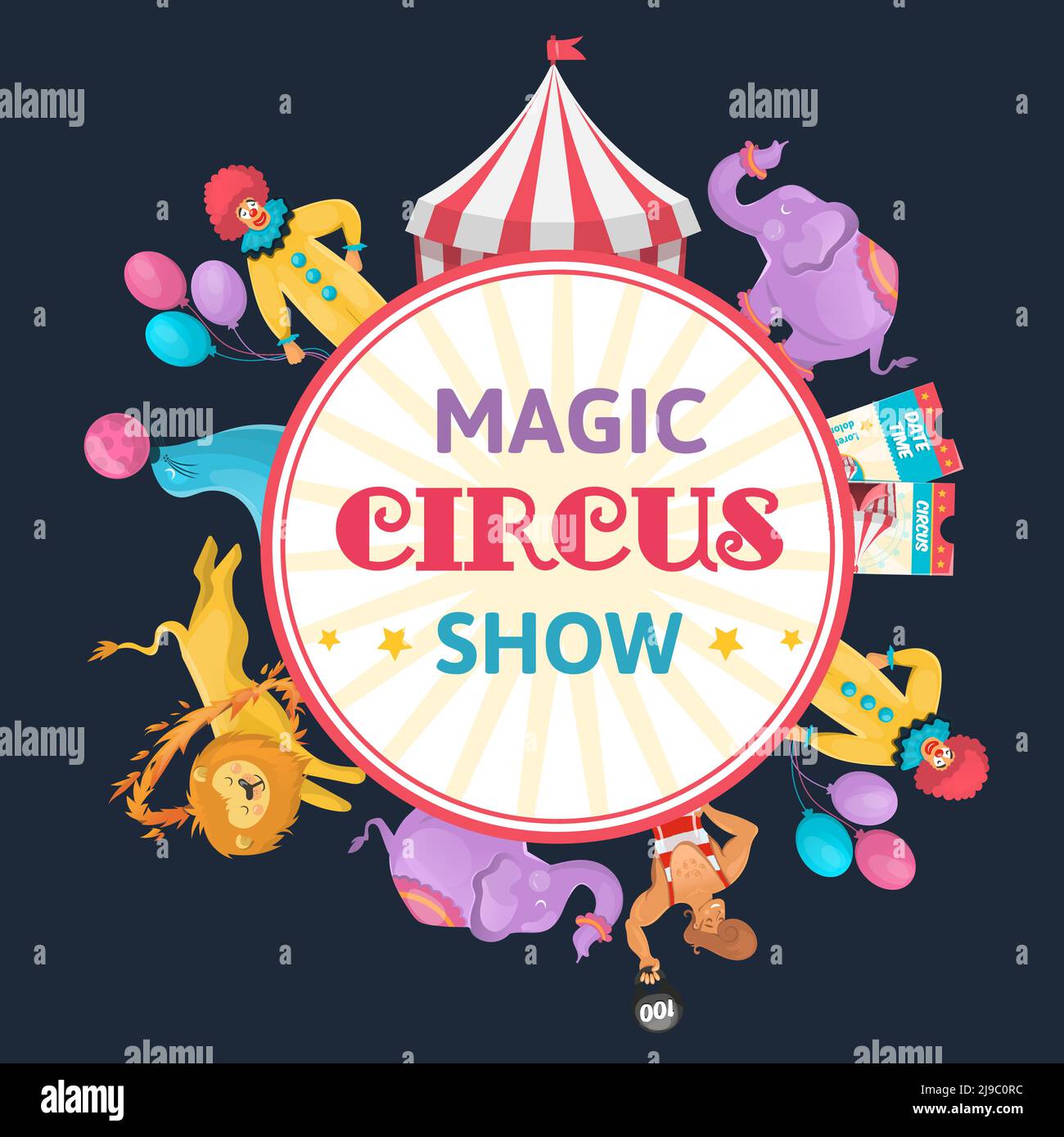 Circus mostra composizione rotonda con leoni elefanti e artisti circensi simboli e testo modificabile immagine vettoriale piatta Illustrazione Vettoriale