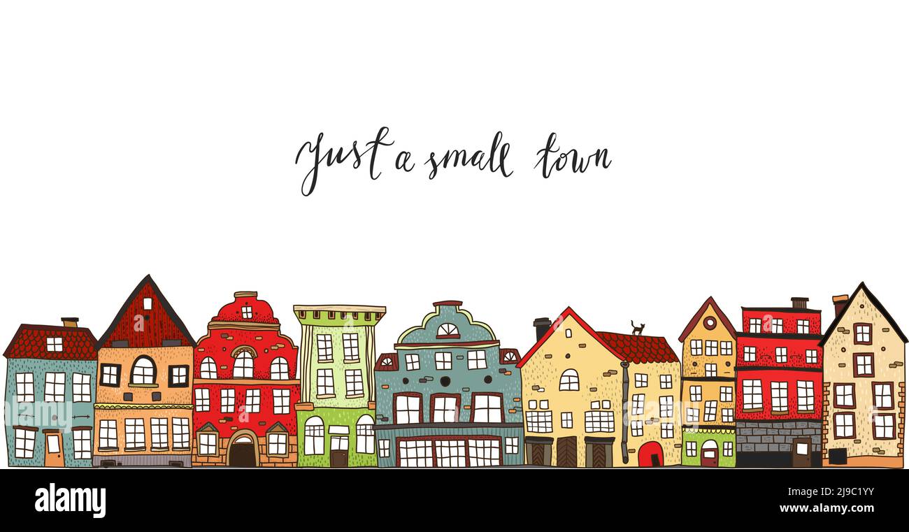 Design di piccola città con titolo calligrafico dipinti case di diverso stile su sfondo bianco illustrazione vettoriale Illustrazione Vettoriale