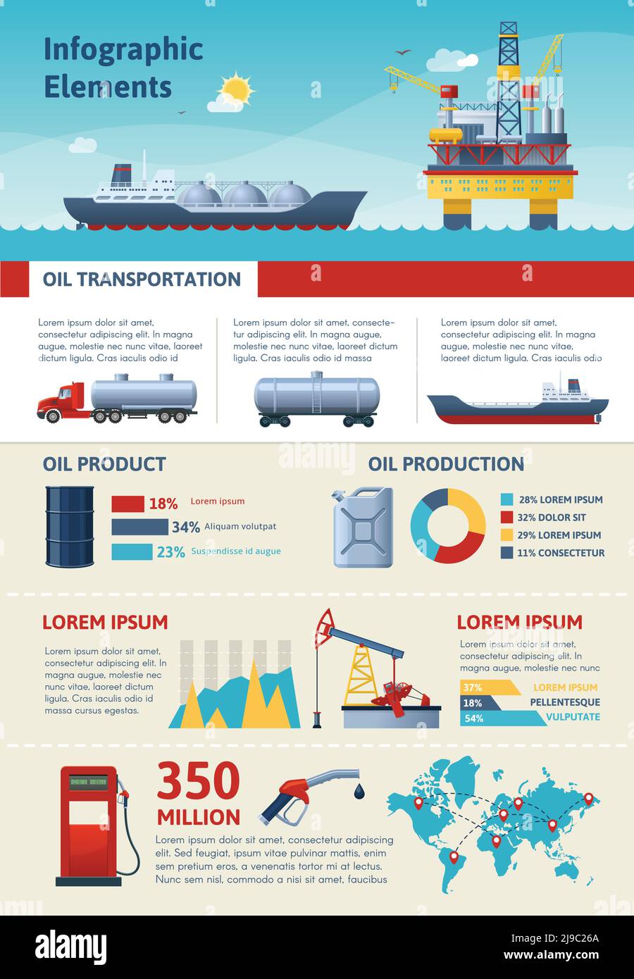Poster infografico dell'industria petrolifera con immagini cartoni animati della piattaforma di perforazione illustrazione vettoriale della pompa benzina e dei veicoli per il trasporto del carburante Illustrazione Vettoriale