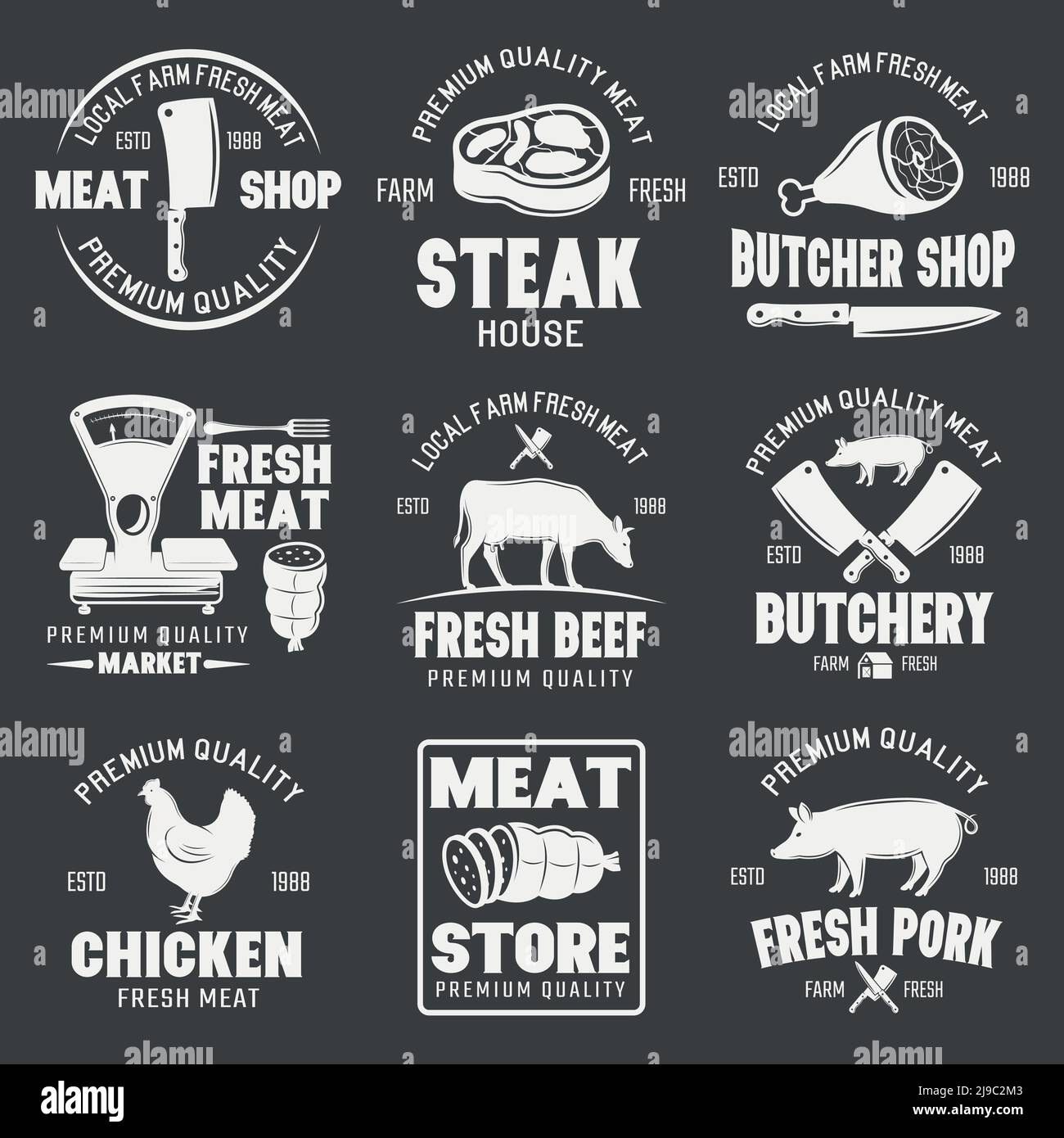Macellaio monocromo emblemi con animali da fattoria e carne fresca prodotti su sfondo nero immagine vettoriale isolata Illustrazione Vettoriale