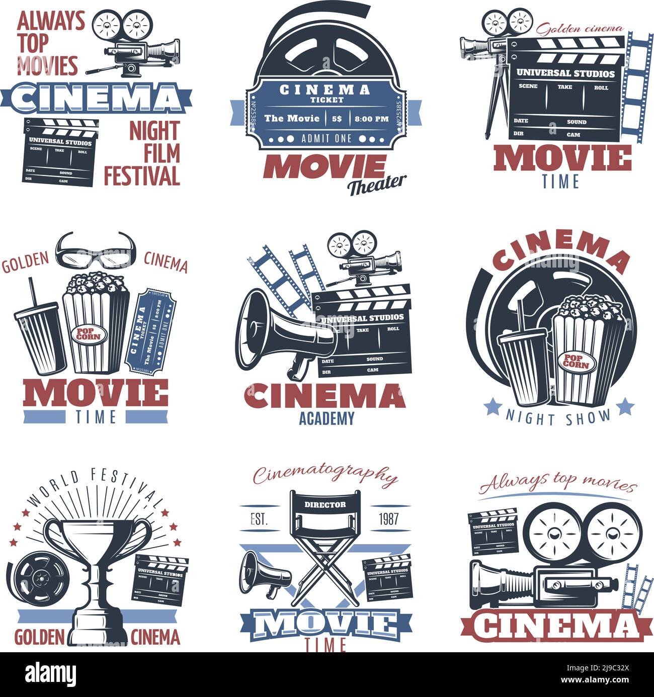 Colorati emblemi di cinema isolati con fotocamera megafono altri film making illustrazione vettoriale di contenuti e didascalie di testo modificabili Illustrazione Vettoriale