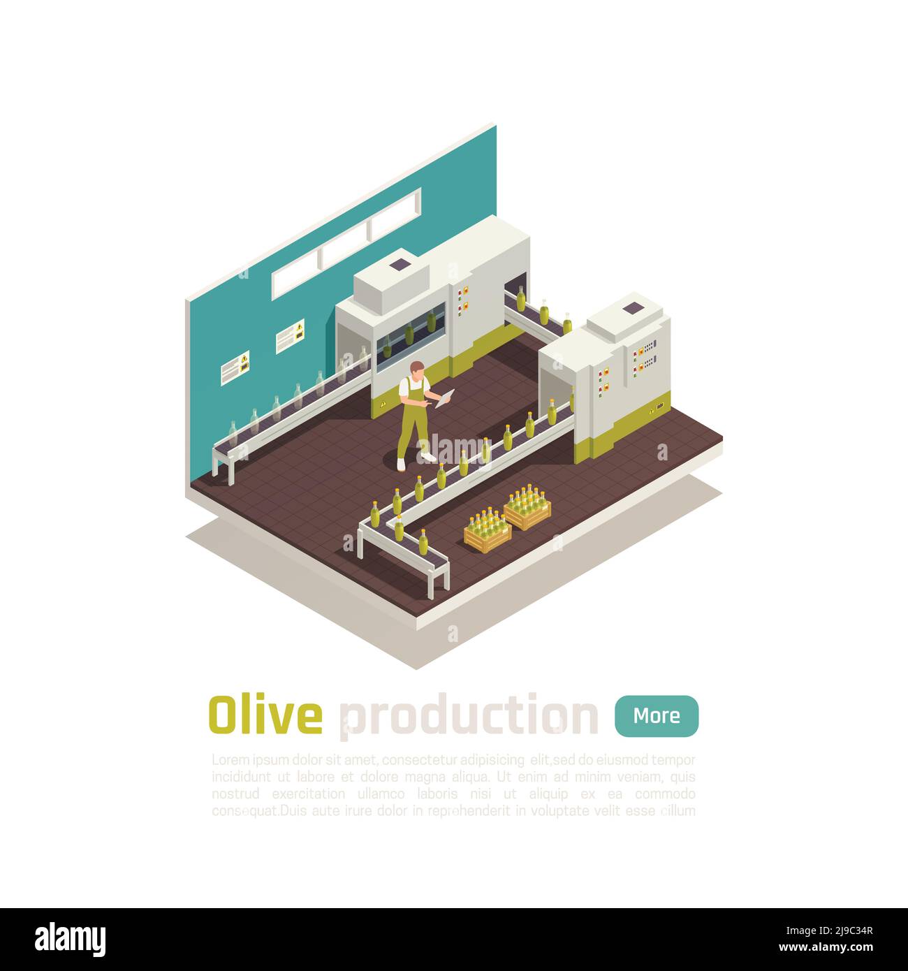 Produzione di olive composizione isometrica con operatore di linea di imbottigliamento selezione di pronto per il trasporto, illustrazione vettoriale Illustrazione Vettoriale