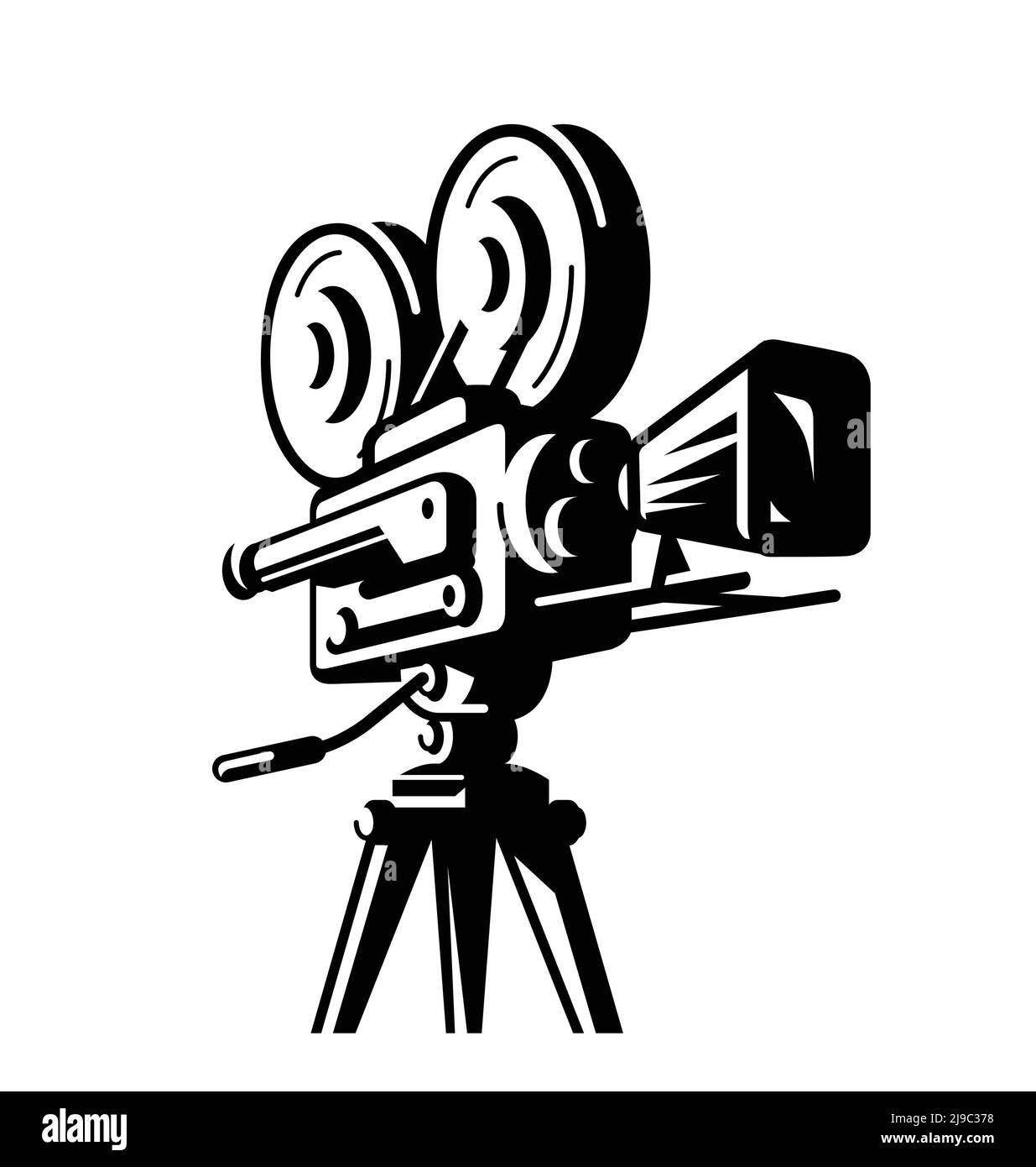 Proiettore cinematografico vintage con striscia di film, simbolo del cinema. Illustrazione vettoriale del proiettore di filmati Illustrazione Vettoriale