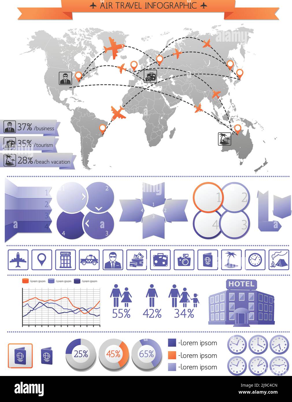 Infografiche di vacanze estive con itinerari turistici dell'aria popolari tabella vuota elementi diagrammi degli hotel icone di viaggio illustrazione vettoriale Illustrazione Vettoriale