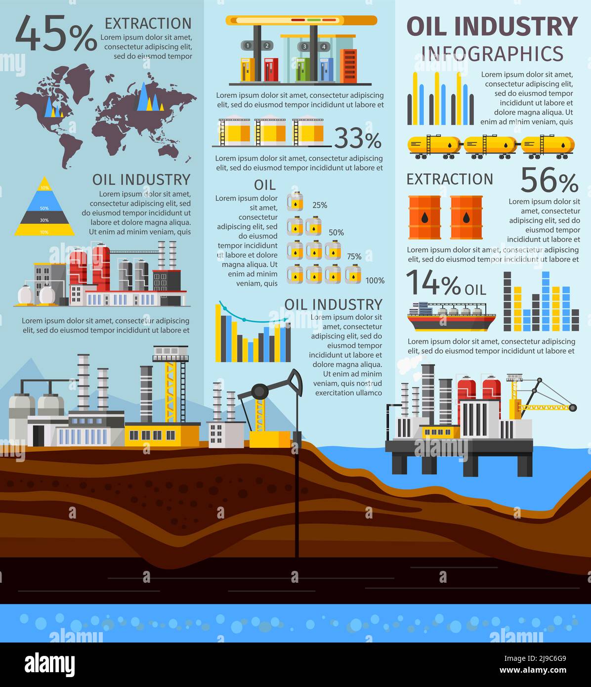 Infografica dell'industria petrolifera con piattaforma di estrazione dell'olio per la perforazione di barili da fabbrica illustrazione della stazione di servizio del carro di perforazione e del vettore dei veicoli Illustrazione Vettoriale