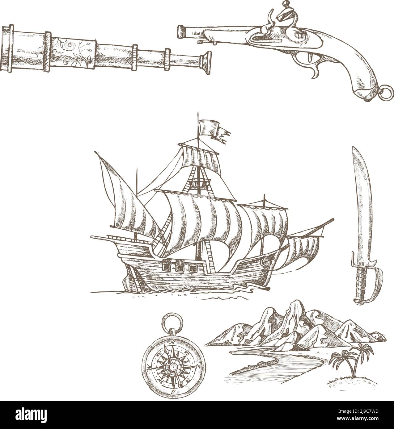 Set di elementi pirati disegnati a mano con scrigno a vela e jolly roger flag isolato vettore illustrazione Illustrazione Vettoriale