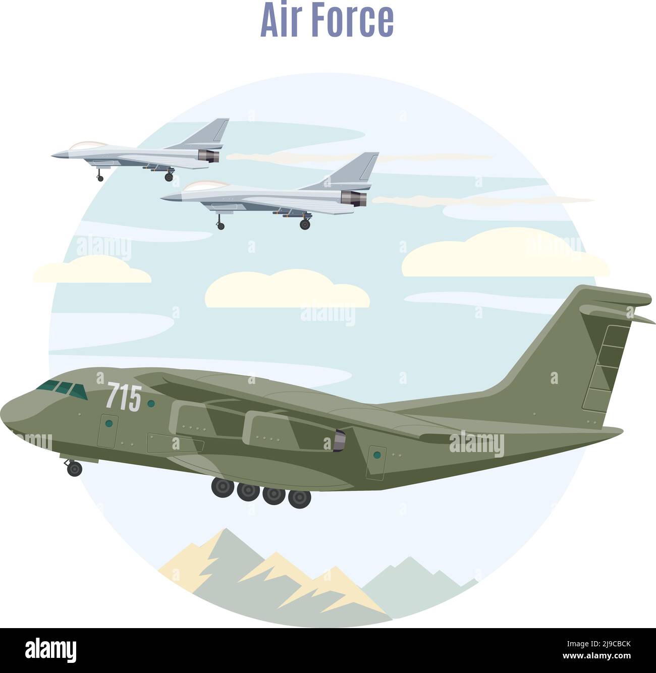 Concetto di aviazione militare con aerei a reazione e aereo da carico illustrazione vettoriale del cielo e della montagna Illustrazione Vettoriale